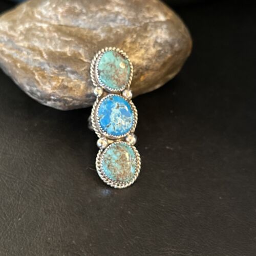 Navajo Blue Kingman Turquoise Cluster Ring | Authentic Native American Sterling Silver | Multi-Stone | Sz 8.5 | 14492