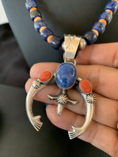 Navajo Native American Blue Lapis Spiny Oyster Naja Pendant | Sterling Silver | 11495