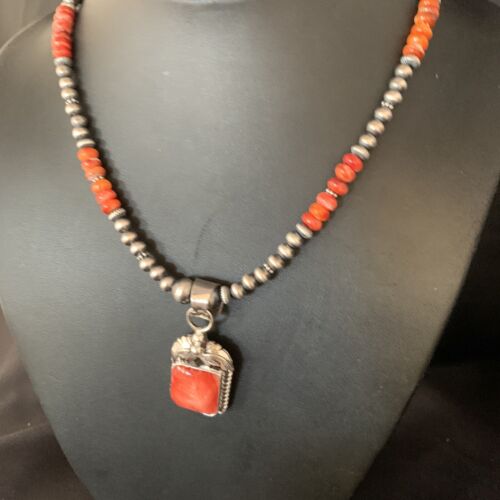 Navajo Red Spiny Oyster Pendant Necklace | Sterling Silver | 20" | Authentic Native American Handmade | 13653