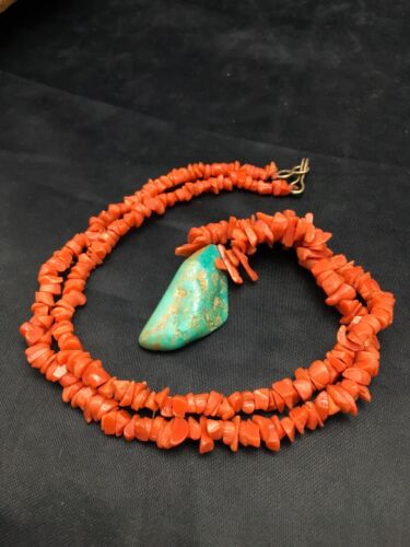 Native American Turquoise Coral Pendant Necklace | Brass Old Pawn | 19" | 4006