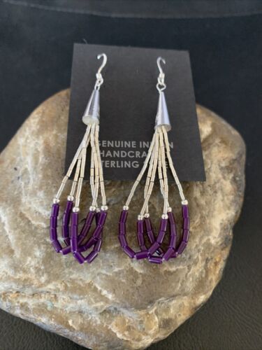 Handmade Liquid Silver Heishi Tube Beads Sugilite Earrings | Sterling Silver | 2" | 13048