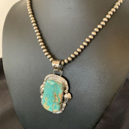 Navajo Pearls Necklace with Blue Royston Turquoise Pendant | Sterling Silver | Native American Handmade | 12289