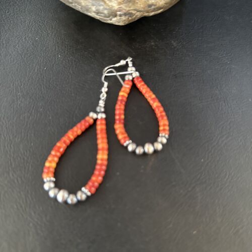 Southwestern Red Spiny Oyster Bead Earrings | Navajo Sterling Silver | Authentic Native American Handmade | 14372