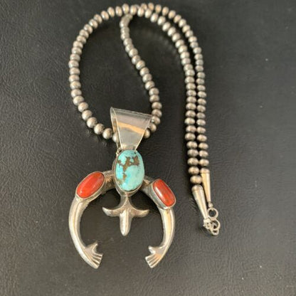 Navajo Pearl Necklace with Royston Turquoise & Coral Naja Pendant | Sterling Silver | 13645