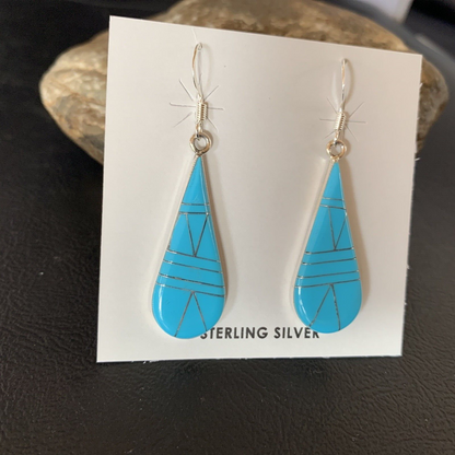 Navajo Blue Turquoise Inlay Dangle Drop Earrings | Sterling Silver | 1.5" | 13311