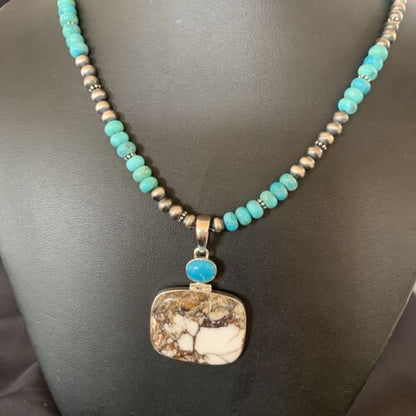 Navajo Pearl Blue Turquoise, Wild Horse & Multi-Stone Pendant Necklace | Authentic Native American Sterling Silver | 11862