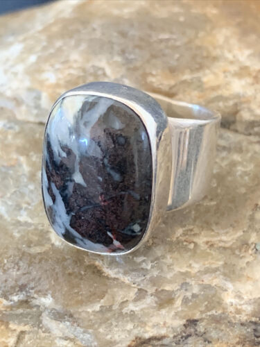 Navajo Men's White Black Cinnabrite Ring | Sterling Silver | Sz 6.5 | Authentic Native American Handmade | 1551
