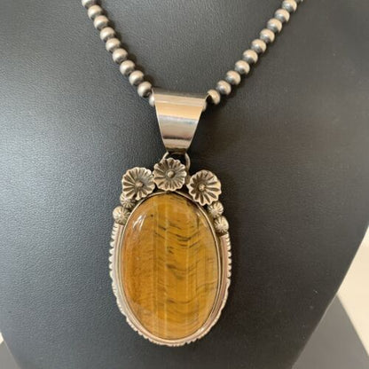 Men's Navajo Pearls Necklace with Sterling Silver Coffee Tigers Eye Pendant | Authentic Native American Handmade | 01771