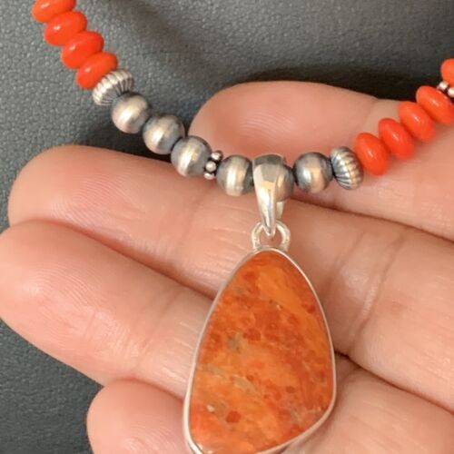 Native American Navajo Red Apple Coral Pendant Necklace | Sterling Silver Naja | 13944