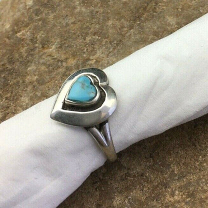 Navajo Heart Blue Turquoise Inlay Ring | Sterling Silver | Sz 5.5 | Authentic Native American Handmade | 01731