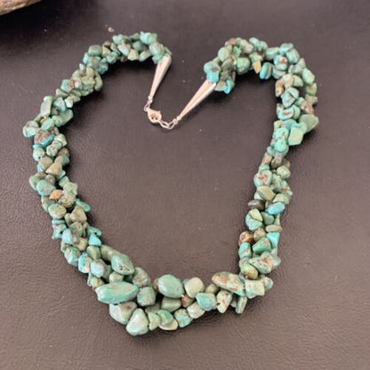 Navajo Green Turquoise Nugget Necklace | 3-Strand Braid | Sterling Silver Pearls | 20" | 11833