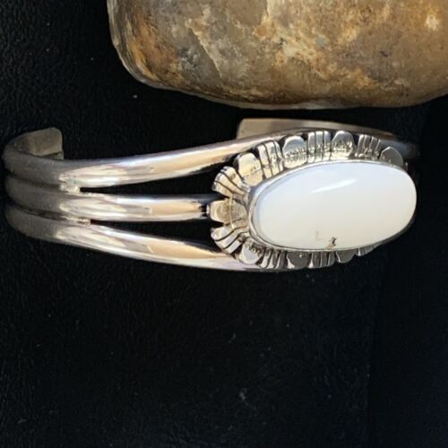 Navajo White Buffalo Turquoise Cuff Bracelet | Sterling Silver | Authentic Native American Handmade | 1422