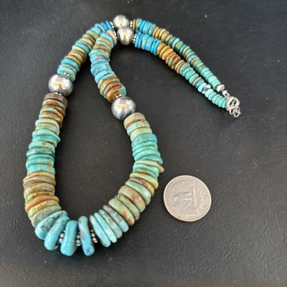 Navajo Blue Green Turquoise Bead Necklace | Sterling Silver | Authentic Native American | 20" | 14243