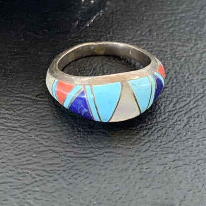 Navajo Multi-Color Turquoise Lapis Coral Mother of Pearl Inlay Ring | Sterling Silver | Sz 7.5 | 12398