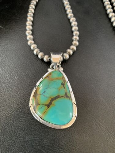 Men's Navajo Blue Spiderweb Turquoise Pendant Necklace | Sterling Silver | Authentic Native American Handmade | 10674