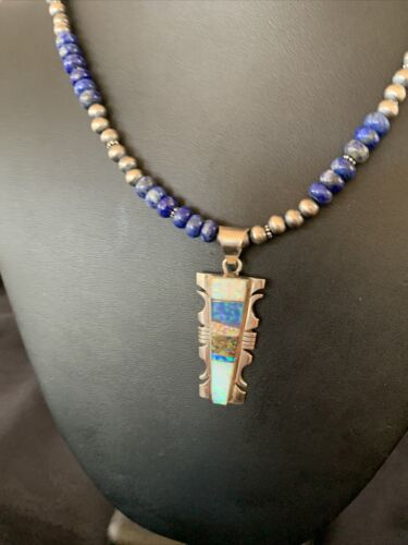 Navajo Pearls Necklace with Blue Lapis & White Opal Inlay Pendant | Sterling Silver | 11631