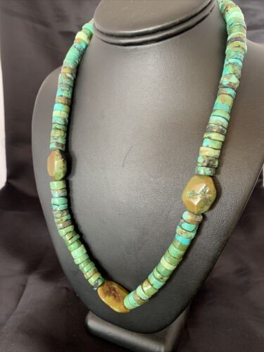 Men's Navajo Green Turquoise Nugget Heishi Bead Necklace | Sterling Silver | Authentic Native American Handmade | 21" | 10220