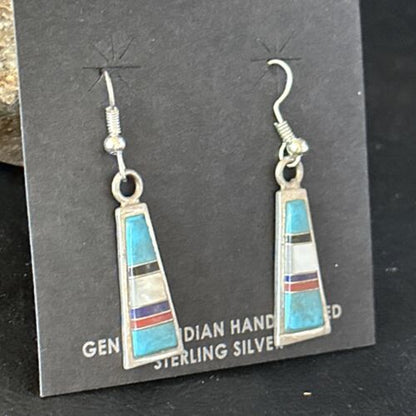 Navajo Multi-Color Turquoise Mother of Pearl Inlay Earrings | Sterling Silver | Authentic Native American Handmade | 14655