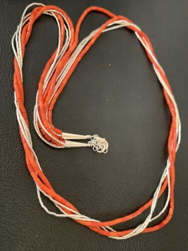 Navajo Coral Tube Beads Liquid Silver Heishi 5-Strand Necklace | Sterling Silver | 02181