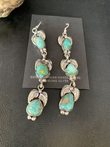 Navajo Green Turquoise Earrings | Sonoran Gold | Sterling Silver | 3 Dangle | Authentic Native American Handmade | 13925