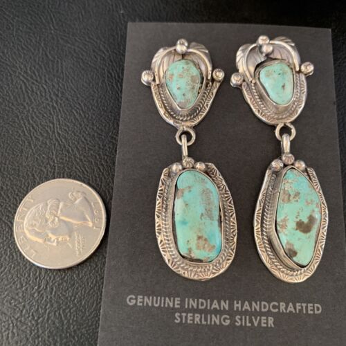 Navajo Blue Dry Creek Turquoise Post Dangle Earrings | Sterling Silver | Authentic Native American Handmade | 13873