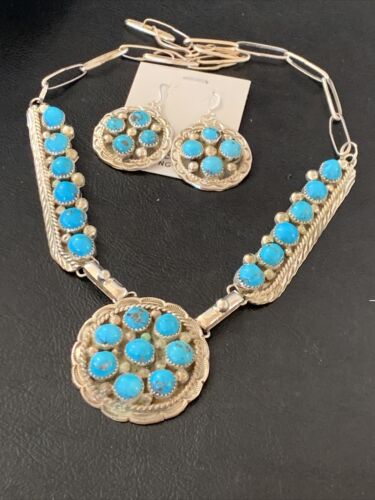 Navajo Blue Kingman Turquoise Necklace & Earrings Set | Sterling Silver | Authentic Native American Handmade | 2113