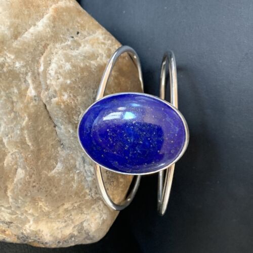 Minimalist Women's Blue Lapis Lazuli Cuff Wire Bracelet | Sterling Silver | 12873