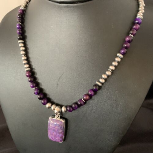 Navajo Pearl Purple Mojave Turquoise Onyx Pendant Necklace | Sterling Silver | Authentic Native American Handmade | 13404