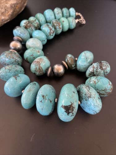 Navajo Blue Turquoise Necklace | Chunky Graduated Sterling Silver Pearls | Authentic Native American Handmade | 19" | 11350 - Masha USA