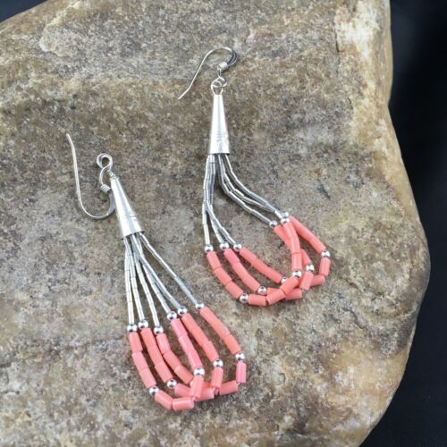 Native American Liquid Silver Heishi Dangle Earrings | Pink Coral | Sterling Silver | 2" | 2029