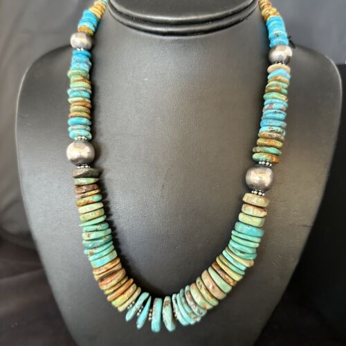 Navajo Blue Green Turquoise Bead Necklace | Sterling Silver | Authentic Native American | 20" | 14243