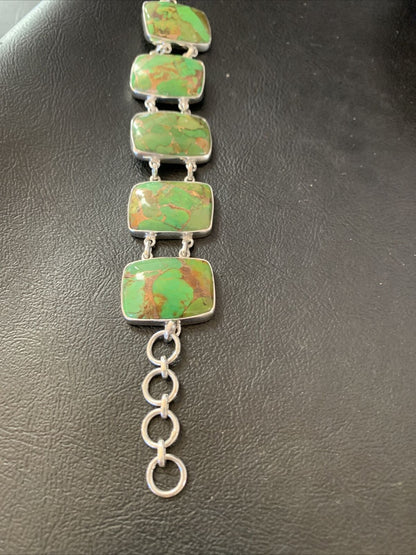 Navajo Green Mojave Turquoise Link Bracelet | Sterling Silver | 8" | Authentic Native American Handmade | 11645