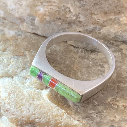 Southwestern Navajo Green Gaspeite Sugilite Red Coral Inlay Ring | Sz 7 | 02251