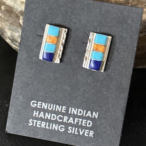 Navajo Multi-Color Turquoise Spiny Lapis Inlay Earrings | Sterling Silver | Authentic Native American Handmade | 14652