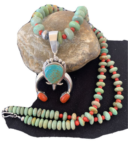 Navajo Royston Turquoise Coral Naja Pendant Necklace | Authentic Native American Sterling Silver | Naja | 1402