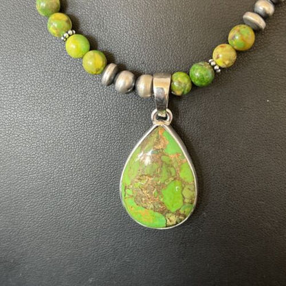 Navajo Pearl Necklace with Green Mojave Turquoise Pendant | Sterling Silver | Authentic Native American Handmade | 10580