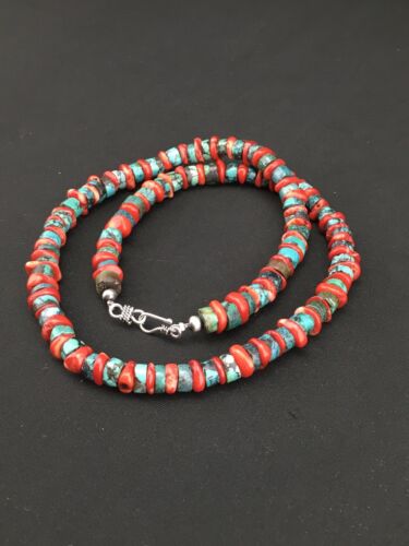 Navajo Sterling Silver Heishi Green Turquoise Coral Necklace | 20" | 1266