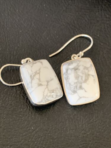 Navajo Sterling Silver White Howlite Black Dangle Rectangle Earrings | 0.75" | 12071