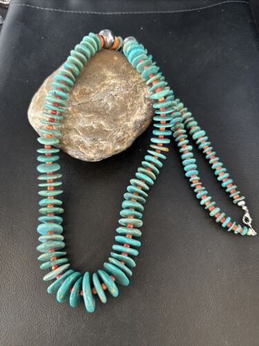 Navajo Turquoise Spiny Oyster Necklace | Sterling Silver | Authentic Native American | 32" | 14362