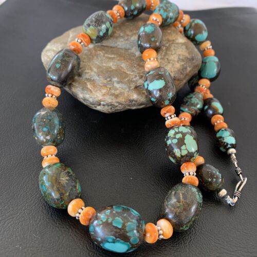 Navajo Green Turquoise & Orange Spiny Oyster Necklace | Sterling Silver | 25" | Authentic Native American Handmade | 1849