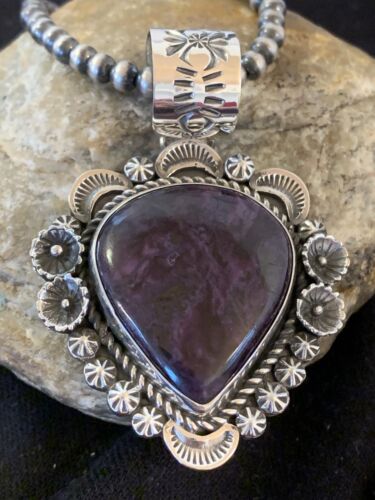 Men's Navajo Pearls Necklace with Purple Sugilite Pendant | Sterling Silver | Authentic Native American Handmade | 00541
