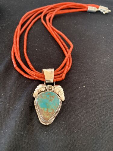 Navajo Sterling Silver Turquoise Pendant with Coral Bead Necklace | Multi-Strand | Authentic Native American Handmade | 00370