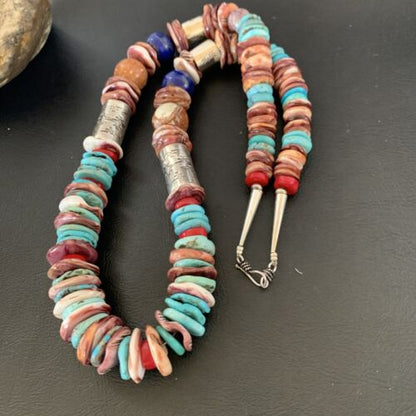 Native American Sterling Silver Necklace | Turquoise, Spiny Oyster, Coral, Lapis | 24" | 11869