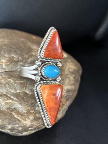 Navajo Orange Spiny Oyster Multi-Stone Ring | Authentic Native American Sterling Silver | Multi-Stone | Sz 6.5 | 14505