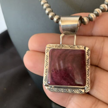 Navajo Pear Purple Spiny Oyster Pendant Necklace | Sterling Silver | Authentic Native American Handmade | 10951