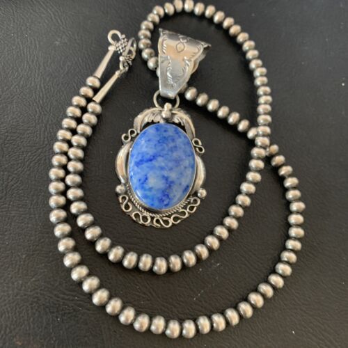 Navajo Denim Lapis Necklace Pendant | Sterling Silver Pearls | Authentic Native American Handmade | 12436