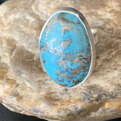 Navajo Blue Turquoise Adjustable Ring | Sterling Silver | Sz 8.5 | Authentic Native American Handmade | 14035