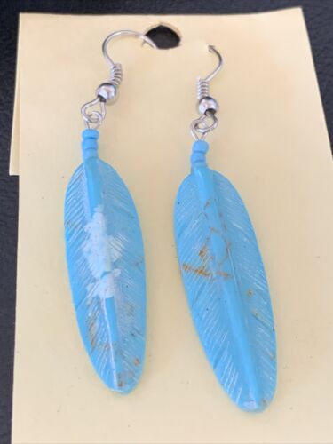 Navajo Turquoise Feather Slab Earrings | Sterling Silver Dangle | Authentic Native American Handmade | 12008