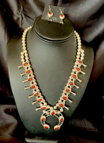Navajo Coral Squash Blossom Necklace & Earrings Set | Sterling Silver | Authentic Native American Handmade | 13361