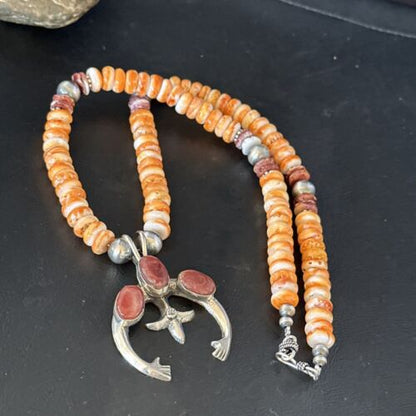 Navajo Purple Orange Spiny Oyster Naja Pendant Necklace | Sterling Silver | 14812